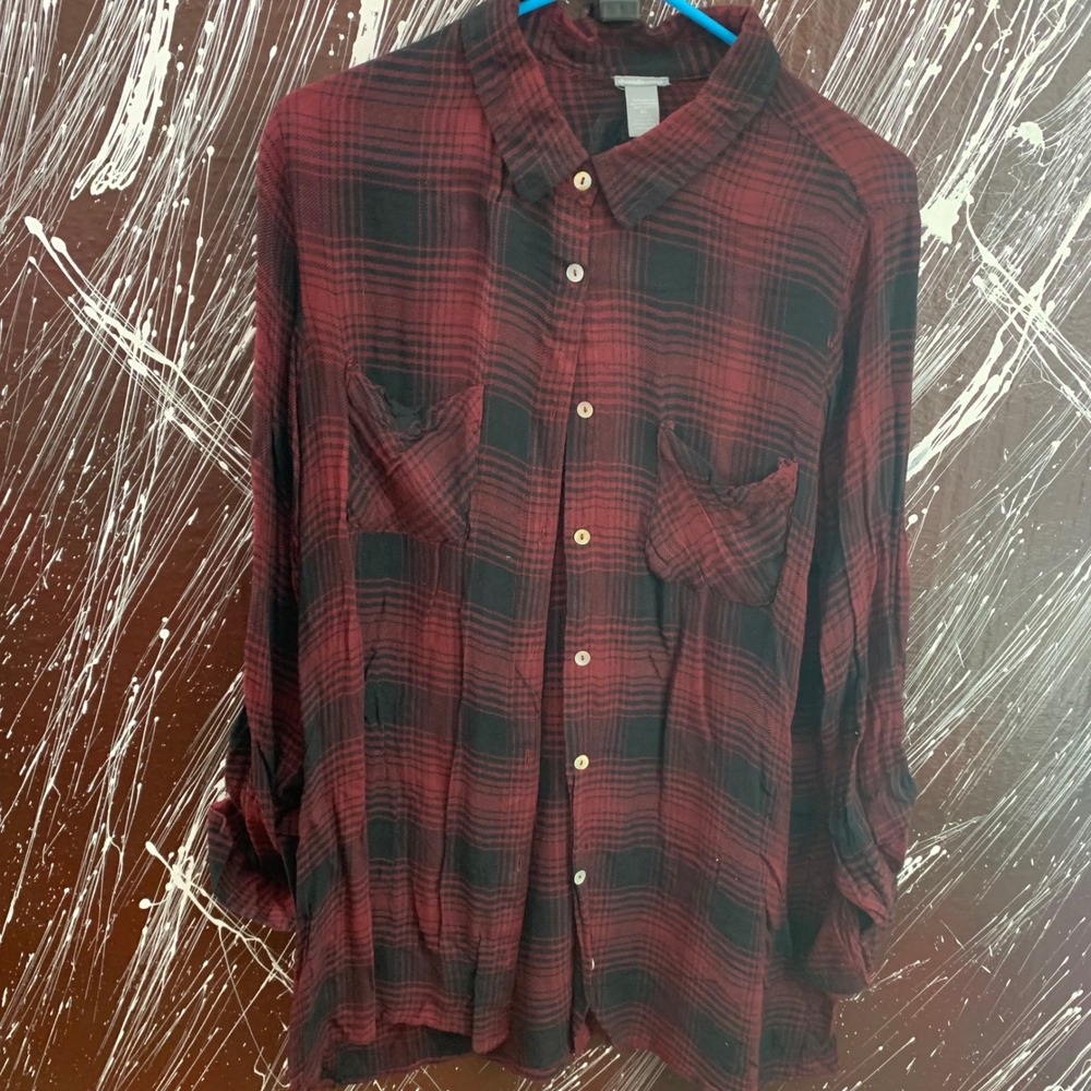 Charlotte Russe Womens XL Red Black Plaid Button Down Shirt Rayon 22965CR-BF
